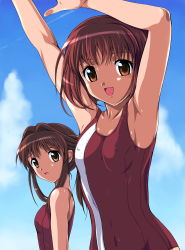 Rule 34 | 2girls, armpits, arms up, brown eyes, brown hair, dnangel, covered erect nipples, flat chest, happy, harada riku, harada risa, highres, looking back, multiple girls, one-piece swimsuit, open mouth, orange eyes, ponytail, red hair, short hair, siblings, single vertical stripe, sisters, small breasts, swimsuit, twins, zundarepon
