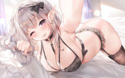 Rule 34 | 1girl, ;p, arm up, armpits, ass, bed, between breasts, black bow, black bra, black choker, blush, bottomless, bow, bra, breasts, brown thighhighs, choker, cleavage, collarbone, commentary request, commission, ear piercing, earrings, elf, garter belt, hair bow, hand up, heart o-ring, highres, indoors, jewelry, large breasts, long hair, looking at viewer, on bed, one eye closed, original, piercing, pillow, pixiv commission, pointy ears, purple eyes, selfie, silver hair, solo, sora 72-iro, thighhighs, tongue, tongue out, underwear, underwear only