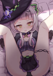Rule 34 | 1girl, absurdres, batarop, blush, capelet, cropped shirt, gloves, hair ornament, hat, highres, hololive, legs up, long hair, looking at viewer, lying, midriff, multicolored eyes, murasaki shion, navel, on back, on bed, open mouth, panties, silver hair, skirt, underwear, virtual youtuber, witch hat