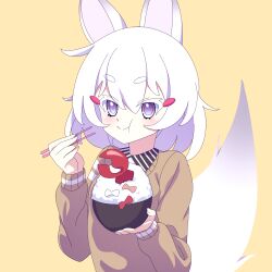 Rule 34 | 1girl, animal ears, cross (vgne4542), eating, fox ears, fox tail, highres, phase connect, purple eyes, rice, short hair, simple background, solo, tail, tenma maemi, white hair