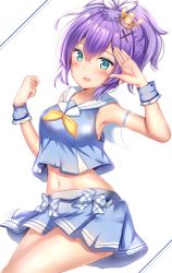 Rule 34 | 1girl, :d, aqua eyes, armpits, azur lane, bare shoulders, blue shirt, blue skirt, blush, bow, bowtie, breasts, commentary request, cowboy shot, crop top, crop top overhang, crown, hair between eyes, hair ornament, hair ribbon, hands up, highres, javelin (azur lane), javelin (let&#039;s become waitresses!) (azur lane), long hair, looking at viewer, midriff, mini crown, miniskirt, navel, open mouth, plaid, plaid bow, pleated skirt, ponytail, purple hair, ribbon, sailor collar, school uniform, serafuku, shirt, sidelocks, skirt, sleeveless, sleeveless shirt, small breasts, smile, solo, stomach, thighs, white background, white bow, white sailor collar, wrist cuffs, x hair ornament, yellow bow, yellow bowtie, yuano