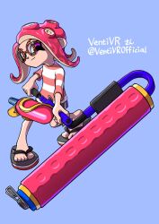 1girl blue_background closed_mouth commentary_request commission flip-flops full_body highres holding holding_weapon medium_hair nintendo octoling octoling_girl octoling_player_character pink_eyes pink_hair pink_shirt round_eyewear sandals shirt simple_background smile solo splat_roller_(splatoon) splatoon_(series) splatoon_3 striped_clothes striped_shirt tentacle_hair toes two-tone_shirt weapon white_shirt xdies_ds