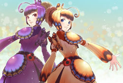 Rule 34 | (armor), 2girls, ahoge, armor, back-to-back, blonde hair, blue eyes, blush, brown hair, bug, butterfly, butterfly wings, capcom, detached sleeves, dress, eyeshadow, face, from behind, helmet, insect, insect wings, ladybug, lipstick, looking back, makeup, matching outfits, mini wings, monster hunter (series), multiple girls, outstretched arm, outstretched hand, ponytail, red eyes, rhopessa (armor), short hair, smile, standing, toshi punk, wide sleeves, winged helmet, wings
