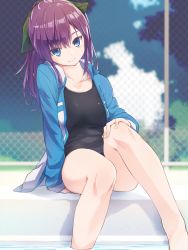 Rule 34 | 1girl, bare legs, black one-piece swimsuit, blue eyes, blue jacket, blurry, blurry background, breasts, chain-link fence, character request, collarbone, commentary request, day, depth of field, fence, green ribbon, hair ribbon, head tilt, highres, jacket, jikkyou powerful pro yakyuu, long hair, long sleeves, looking at viewer, medium breasts, one-piece swimsuit, open clothes, open jacket, outdoors, ponytail, power pro appli, purple hair, rb2, ribbon, sitting, smile, solo, swimsuit, thighs, water