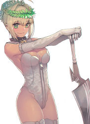 Rule 34 | 10s, 1girl, aestus estus, ahoge, bare shoulders, blonde hair, breasts, cleavage, closed mouth, elbow gloves, fate/extra, fate/extra ccc, fate (series), full-length zipper, gloves, green eyes, holding, holding sword, holding weapon, laurel crown, leotard, lock, looking at viewer, medium breasts, nero claudius (bride) (fate), nero claudius (bride) (third ascension) (fate), nero claudius (fate), nero claudius (fate) (all), padlock, padlocked collar, short hair, simple background, smile, solo, standing, strapless, strapless leotard, sungwon, sword, thighhighs, thighs, weapon, white background, white gloves, white leotard, white thighhighs, zipper