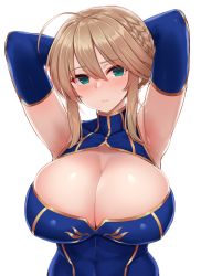 Rule 34 | 1girl, ahoge, armpits, arms behind head, arms up, artoria pendragon (fate), artoria pendragon (lancer) (fate), blonde hair, blue gloves, blue leotard, blush, braid, breasts, cleavage, cleavage cutout, clothing cutout, elbow gloves, fate/grand order, fate (series), french braid, gloves, hair between eyes, heattech leotard, highres, huge breasts, leotard, long hair, looking at viewer, mitsukazu (nijigen complex), sidelocks, simple background, solo, swept bangs, turtleneck, white background