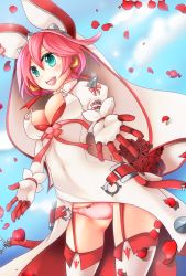Rule 34 | 1girl, ahoge, aqua eyes, arc system works, blush, breasts, bridal veil, clover, colored eyelashes, dress, earrings, elphelt valentine, flower, four-leaf clover, garter straps, gloves, guilty gear, guilty gear xrd, highres, jewelry, large breasts, mutsuki yui, open mouth, panties, petals, pink hair, pink panties, red flower, red rose, ribbon, rose, rose petals, short hair, smile, solo, spikes, thighhighs, underwear, veil, wedding dress, white dress