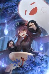 Rule 34 | 1girl, bead bracelet, beads, black headwear, black nails, bracelet, claw pose, closed eyes, fang, flower, forest, genshin impact, ghost, hat, highres, hu tao (genshin impact), jewelry, long hair, long sleeves, looking at viewer, mikan (xalka), nail polish, nature, open mouth, plum blossoms, sitting, smile, socks, star-shaped pupils, star (symbol), symbol-shaped pupils, top hat, tree, twintails, very long hair, wide sleeves