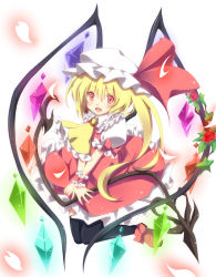 Rule 34 | 1girl, bad id, bad pixiv id, black thighhighs, blonde hair, fang, female focus, flandre scarlet, flower, hat, heart, kurono yuzuko, laevatein, long hair, looking at viewer, open mouth, pink eyes, red eyes, rose, side ponytail, solo, thighhighs, touhou, v arms, wings, wrist cuffs, yuuko (pixiv)