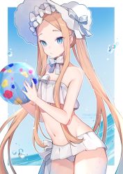 Rule 34 | 1girl, abigail williams (fate), abigail williams (swimsuit foreigner) (fate), abigail williams (swimsuit foreigner) (third ascension) (fate), ball, beachball, bikini, bikini skirt, blonde hair, blue eyes, bonnet, bow, fate/grand order, fate (series), highres, holding, holding ball, holding beachball, long hair, looking at viewer, navel, outside border, parted bangs, parted lips, solo, stomach, strapless, strapless bikini, swimsuit, twintails, very long hair, white bikini, white bow, yennineii