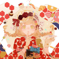 Rule 34 | 1girl, :o, black bow, blonde hair, blue bow, blush, bow, braid, brown bow, brown gloves, chocolate, confetti, croissant, cupcake, dango, egg, finger to mouth, flower, food, food on face, fruit, gloves, green bow, hair bow, hair flower, hair ornament, hairband, hands up, japanese clothes, kimono, lace, lace gloves, leaf, lipstick, lolita fashion, lolita hairband, long hair, long sleeves, looking at viewer, makeup, mochi, new year, obi, onigiri, orange bow, original, p0ckylo, pink bow, plate, red bow, rope, sanshoku dango, sash, simple background, solo, strawberry, striped, striped bow, sushi, tempura, tray, twin braids, upper body, wa lolita, wagashi, wide sleeves, yellow eyes