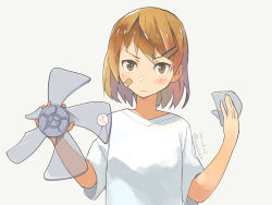 Rule 34 | 1girl, alternate costume, bandaid, bandaid on face, brown eyes, brown hair, commentary request, fan blade, holding, kantai collection, kusakabe (kusakabeworks), looking at viewer, oboro (kancolle), shirt, short hair, simple background, solo, t-shirt, white background, white shirt