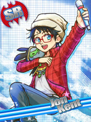 Rule 34 | 1boy, blue eyes, card (medium), character name, child, dc comics, glasses, hat, holding, holding microphone, holding stuffed toy, idolmaster, idolmaster side-m, jonathan kent, long sleeves, male focus, microphone, okayu0317, open clothes, open mouth, open shirt, pants, red-framed eyewear, shirt, solo, stuffed animal, stuffed rabbit, stuffed toy, super sons, superman (series), white shirt