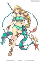 Rule 34 | 1girl, bare shoulders, bikini, blonde hair, breasts, brown footwear, brown gloves, cleavage, commentary, feet, female focus, fingerless gloves, fire emblem, fire emblem: three houses, fire emblem heroes, full body, gloves, gofelem, green bikini, green eyes, green ribbon, green shorts, hair ribbon, holding, holding polearm, holding spear, holding weapon, ingrid brandl galatea, long hair, medium breasts, navel, nintendo, off-shoulder bikini, off shoulder, polearm, ribbon, sandals, short shorts, short sleeves, shorts, simple background, smile, solo, spear, stomach, swimsuit, thighs, toes, weapon, white background