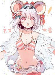 Rule 34 | !, 1girl, absurdres, animal ears, bare shoulders, bikini, bikini skirt, blue-framed eyewear, blush, bow, bow bikini, breasts, cleavage, collarbone, collared shirt, commentary request, diagonal-striped bikini, diagonal-striped clothes, flower, granblue fantasy, groin, hair between eyes, hair bow, hair flower, hair ornament, highres, looking at viewer, medium breasts, mouse ears, navel, off shoulder, open clothes, open mouth, open shirt, pink flower, red bow, red eyes, shirt, short sleeves, signature, silver hair, simple background, sofra, solo, star-shaped eyewear, star (symbol), striped clothes, swimsuit, teeth, translation request, twitter username, upper teeth only, vikala (blooming summer wallflower) (granblue fantasy), vikala (granblue fantasy), white background, white shirt