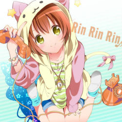 Rule 34 | 1girl, animal hood, aqua footwear, artist name, artist request, bare legs, blue pants, blue shorts, blush, bracelet, collarbone, female focus, full body, green eyes, green shirt, hair between eyes, holding, holding phone, hood, hood up, hoshizora rin, jacket, jewelry, kiyose akame, long sleeves, looking at viewer, love live!, love live! school idol project, orange hair, pants, parted lips, phone, shirt, shoes, short hair, shorts, smile, solo, striped clothes, striped shirt, telephone, phone number, watch, yellow eyes, yellow jacket