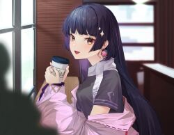 Rule 34 | 1girl, absurdres, alternate costume, black hair, black shirt, blunt bangs, casual, chinese commentary, commentary request, cup, earrings, eyeshadow, genshin impact, highres, holding, holding cup, indoors, jewelry, long hair, long sleeves, looking at viewer, makeup, open mouth, pink sweater, raywallin, red eyes, red eyeshadow, shirt, short sleeves, smile, solo, sweater, window, yun jin (genshin impact)