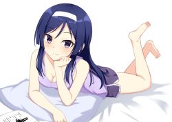 Rule 34 | 1girl, arm support, assault lily, bare arms, bare legs, bare shoulders, barefoot, bed sheet, blue hair, blush, book, breasts, cleavage, closed mouth, commentary request, dolphin shorts, feet up, gungun (hakutou7887), hairband, hand on own chin, head rest, itou shizu (assault lily), long hair, looking at viewer, lying, medium breasts, on stomach, open book, pillow, purple eyes, purple shorts, purple tank top, shorts, side slit, side slit shorts, sidelocks, simple background, smile, soles, solo, swept bangs, tank top, the pose, white background, white hairband