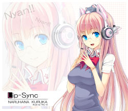 Rule 34 | 1girl, :d, animal ears, blue eyes, blush, bow, bracelet, breasts, cat, fake animal ears, glasses, hands on own chest, headphones, headset, jewelry, long hair, looking at viewer, open mouth, original, pink hair, smile, solo, tel-o, vest, zoom layer