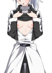 Rule 34 | 1girl, :o, black shirt, breasts, clothes lift, head out of frame, highres, melty blood, morisobo, nipples, no bra, riesbyfe stridberg, shirt, shirt lift, simple background, small breasts, solo, tsukihime, white background, white hair