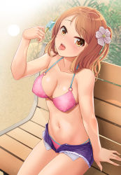 Rule 34 | 1girl, bench, bikini, bikini under clothes, blush, breasts, brown eyes, brown hair, cleavage, covered erect nipples, denim, denim shorts, flower, food, hair flower, hair ornament, highres, hojo karen, idolmaster, idolmaster cinderella girls, looking at viewer, medium breasts, mk (mod0), open mouth, outdoors, park bench, popsicle, shorts, sitting, solo, swimsuit, tongue, tongue out