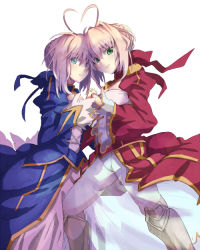 Rule 34 | 10s, 2girls, ahoge, armor, artoria pendragon (all), artoria pendragon (fate), bad id, bad pixiv id, blonde hair, blue eyes, dress, fate/extra, fate/stay night, fate (series), greaves, green eyes, hair intakes, hair ribbon, heart, heart ahoge, heart ahoge duo, holding hands, multiple girls, nero claudius (fate), nero claudius (fate) (all), nero claudius (fate/extra), ribbon, saber (fate), see-through, symmetry, yude