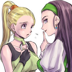 Rule 34 | 2girls, bare shoulders, black shirt, blonde hair, collarbone, commentary request, cosplay, costume switch, dragon quest, dragon quest xi, dress, earrings, green dress, green hairband, green shirt, hair ornament, hair scrunchie, hairband, highres, jewelry, long hair, martina (dq11), martina (dq11) (cosplay), multiple girls, o-ring, o-ring top, orange scrunchie, pekuchin (pekuchin 3), ponytail, purple eyes, purple hair, scrunchie, senya (dq11), senya (dq11) (cosplay), shirt, sleeveless, sleeveless shirt, two-tone shirt, upper body, white shirt