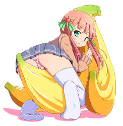 Rule 34 | 1girl, ass, banana, cherry, food, fruit, green eyes, hair ornament, long hair, looking at viewer, looking back, on banana, original, panties, pantyshot, pink hair, skirt, solo, striped clothes, striped panties, take (office-t), thighhighs, underwear, upskirt, white background, white thighhighs