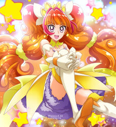 Rule 34 | 1girl, amanogawa kirara, armband, back bow, blunt bangs, boots, bow, commentary, cure twinkle, dated, detached collar, dress, earrings, floating, frilled armband, frilled dress, frills, gloves, go! princess precure, hair ornament, hair scrunchie, hanzou, high heel boots, high heels, highres, hugging own legs, interlocked fingers, jewelry, knee up, long hair, low-tied long hair, magical girl, multicolored hair, own hands together, precure, purple eyes, red hair, scrunchie, smile, solo, sparkle, star (symbol), star earrings, strapless, strapless dress, streaked hair, thigh boots, tiara, twintails, twitter username, two-tone hair, very long hair, white footwear, yellow bow, yellow collar, yellow dress, yellow scrunchie