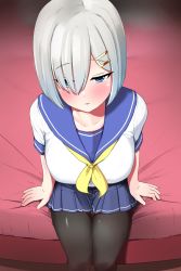 Rule 34 | 1girl, black pantyhose, blue eyes, breasts, commentary request, from above, hair ornament, hair over one eye, hairclip, hamakaze (kancolle), hauto-san, highres, kantai collection, large breasts, neckerchief, pantyhose, pleated skirt, school uniform, serafuku, short hair, short sleeves, sitting, skirt, solo, white hair, yellow neckerchief