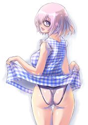 Rule 34 | 1girl, artist name, ass, black-framed eyewear, blue dress, checkered clothes, checkered dress, clothes lift, cowboy shot, dated, dress, fate/grand order, fate (series), from behind, glasses, grey hair, highres, lifted by self, looking at viewer, looking back, mash kyrielight, mash kyrielight (senpai killer outfit), nenchi, official alternate costume, one-piece swimsuit, open mouth, purple eyes, short dress, short hair, signature, simple background, skirt, skirt lift, sleeveless, sleeveless dress, smile, solo, standing, swimsuit, swimsuit under clothes, thigh gap, wet, white background, white one-piece swimsuit