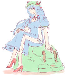 Rule 34 | 1girl, alternate costume, backpack, bag, blue eyes, blue hair, dress, hair bobbles, hair ornament, hand on own knee, hat, high heels, highres, jewelry, kawashiro nitori, key, long hair, matching hair/eyes, necklace, aged up, see-through, sitting, sketch, solo, touhou, white background, yoruny