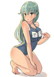 Rule 34 | 1girl, aqua eyes, aqua hair, bad id, bad twitter id, barefoot, blue one-piece swimsuit, breasts, character name, cleavage, commentary request, earrings, from side, full body, hair ornament, hairclip, hand on own thigh, highres, jewelry, kantai collection, kneeling, large breasts, long hair, looking at viewer, name tag, one-piece swimsuit, osananajimi neko, parted bangs, school swimsuit, simple background, solo, stud earrings, suzuya (kancolle), swimsuit, thighs, tongue, tongue out, unfinished, v, white background