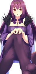 Rule 34 | 1girl, breasts, chair, cleavage, crossed legs, dress, fate/grand order, fate (series), feather trim, feet, foreshortening, fur trim, hair between eyes, hand on own knee, headpiece, highres, large breasts, legs, lien, open mouth, pantyhose, purple dress, purple hair, red eyes, scathach (fate), scathach skadi (fate), sitting, solo, tiara, white background