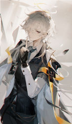 Rule 34 | 1boy, absurdres, arknights, black gloves, black pants, black vest, chromatic aberration, closed mouth, coat, coat on shoulders, commentary request, earclip, energy wings, enforcer (arknights), finger to mouth, fingerless gloves, gloves, grey hair, halo, highres, long hair, long sleeves, looking at viewer, male focus, pants, purple eyes, ruoganzhao, shirt, shushing, solo, upper body, vest, white coat, white shirt