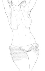 Rule 34 | 1girl, arms up, breasts, greyscale, highres, medium breasts, monochrome, niwatazumi, original, short hair, simple background, sketch, solo, topless, white background