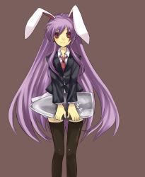 Rule 34 | 1girl, aki (mare desiderii), animal ears, bad id, bad pixiv id, blazer, bullet, female focus, highres, holding, jacket, long hair, necktie, oversized object, purple hair, rabbit ears, red eyes, reisen udongein inaba, simple background, smile, solo, standing, thighhighs, touhou, zettai ryouiki