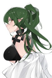 Rule 34 | 1girl, absurdres, arknights, bare shoulders, bikini, black bikini, breasts, commentary request, from side, gavial (arknights), green hair, highres, large breasts, long hair, looking at viewer, off shoulder, official alternate costume, pointy ears, ponytail, profile, shiershishisanfen, smile, solo, swimsuit, upper body, yellow eyes