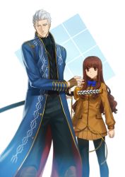 Rule 34 | 10s, 1boy, 1girl, black pantyhose, blue eyes, brown eyes, brown hair, crossover, devil may cry (series), fate/extra, fate (series), fighting stance, height difference, highres, holding, holding sword, holding weapon, kishinami hakuno (female), long hair, nagiko (mangalove1111), pantyhose, ready to draw, school uniform, silver hair, sword, vergil (devil may cry), weapon