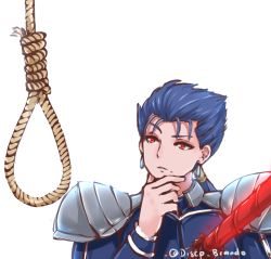 Rule 34 | 1boy, armor, blood, blue bodysuit, blue hair, bodysuit, commentary, cu chulainn (fate), cu chulainn (fate/stay night), disco brando, emoji, english commentary, fate/stay night, fate (series), gae bolg (fate), hand on own chin, injury, long hair, male focus, man looking at noose (meme), meme, noose, parted lips, pauldrons, ponytail, red eyes, shoulder armor, solo, spoilers, thinking, transparent background, twitter username, upper body