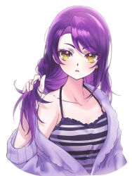 Rule 34 | 1girl, bare shoulders, breasts, bunching hair, cardigan, chuu0105, cleavage, cropped torso, hair down, hand up, holding, holding own hair, long hair, looking at viewer, off shoulder, open mouth, pretty series, pripara, purple cardigan, purple hair, purple shirt, shirt, simple background, small breasts, solo, spaghetti strap, striped clothes, striped shirt, toudou shion, upper body, white background, yellow eyes