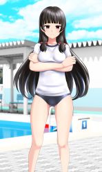 Rule 34 | 1girl, absurdres, black hair, black one-piece swimsuit, blue sky, breasts, cleavage, cloud, competition school swimsuit, crossed arms, day, feet out of frame, gym shirt, gym uniform, hair ribbon, highres, isokaze (kancolle), kantai collection, long hair, looking at viewer, medium breasts, one-piece swimsuit, outdoors, pool, poolside, red eyes, ribbon, school swimsuit, shirt, sky, solo, starting block, swimsuit, swimsuit under clothes, t-shirt, takafumi, tress ribbon, white shirt
