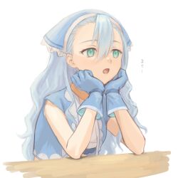 Rule 34 | 1girl, blue gloves, blue hair, blue headwear, blue jacket, bored, commentary request, gloves, green eyes, hair between eyes, hands on own chin, hands up, head rest, head scarf, highres, jacket, karin (rune factory), long hair, open mouth, rune factory, rune factory 3, simple background, sleeveless, solo, tanabe rf, translation request, upper body, wavy hair, white background
