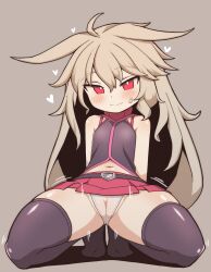 Rule 34 | 1girl, absurdres, ahoge, arms behind back, bare shoulders, belt, blush, bori (3910234), bright pupils, cameltoe, cleft of venus, clitoris, closed mouth, eyes visible through hair, flat chest, full body, grey background, hair between eyes, hair flaps, heart, highres, light brown hair, long hair, looking at viewer, miniskirt, motion lines, navel, panties, pink skirt, pleated skirt, purple belt, purple shirt, purple thighhighs, rabi (sequel series), rabi alnea, red eyes, see-through, sequel (series), sequel blight, shadow, shirt, simple background, skindentation, skirt, sleeveless, sleeveless shirt, smile, solo, split mouth, spread legs, squatting, thick thighs, thighhighs, thighs, tsurime, underwear, very long hair, white panties, white pupils