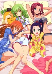 Rule 34 | 00s, 4girls, :d, black hair, blue eyes, breasts, c.c., chinese clothes, closed eyes, closed mouth, code geass, collarbone, eyebrows hidden by hair, green eyes, green hair, hat, highres, kouzuki kallen, long hair, looking at viewer, medium breasts, multiple girls, navel, no bra, official art, on bed, open mouth, orange hair, pajamas, parted lips, pillow, red hair, shirley fenette, short hair, side ponytail, smile, stuffed toy, sumeragi kaguya, underboob, yellow eyes