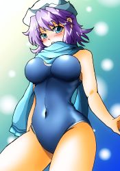 Rule 34 | 1girl, absurdres, aqua background, arms at sides, backlighting, blue background, blue eyes, blue one-piece swimsuit, blush, breasts, competition school swimsuit, competition swimsuit, d-m (dii emu), gradient background, hat, highres, large breasts, letty whiterock, light purple hair, looking at viewer, one-piece swimsuit, open mouth, scarf, school swimsuit, solo, swimsuit, thighs, touhou, white hat