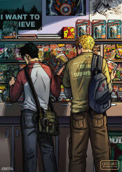Rule 34 | 2boys, backpack, bag, bara, black hair, blonde hair, book, bookstore, captain america, character request, couple, cris art, feet out of frame, figure, from behind, holding, holding book, hulk, hulkling, iron man, layered shirt, male focus, marvel, merchandise, multiple boys, red sleeves, shop, short hair, standing, thick eyebrows, western comics (style), wiccan, yaoi