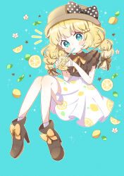 1girl absurdres aobahosino blonde_hair blue_background blue_eyes blush bow bowtie braid cup daisy flower food footwear_bow frilled_shirt frills fruit full_body hair_bow hair_ornament hat hat_bow highres holding holding_cup juice leaf lemon lemon_print lemon_slice lemonade long_hair looking_at_viewer original red_bow red_footwear shirt shoes skirt sleeveless sleeveless_shirt socks solo twin_braids white_skirt yellow_bow yellow_bowtie