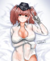 Rule 34 | 1girl, atlanta (kancolle), blush, breasts, brown hair, closed mouth, dated, earrings, garrison cap, gloves, hat, highres, jewelry, kantai collection, large breasts, long hair, long sleeves, lying, naked shirt, on back, partially fingerless gloves, shirt, smile, solo, star (symbol), star earrings, ura tomomi, v, white shirt