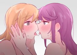 Rule 34 | 2girls, after kiss, bare shoulders, blonde hair, blush, couple, daiba nana, french kiss, green eyes, hand on another&#039;s head, highres, hoshimi junna, kaquni, kiss, long hair, looking at another, multiple girls, nude, open mouth, purple hair, saliva, saliva trail, shoujo kageki revue starlight, simple background, sweat, tagme, tongue, tongue out, yuri